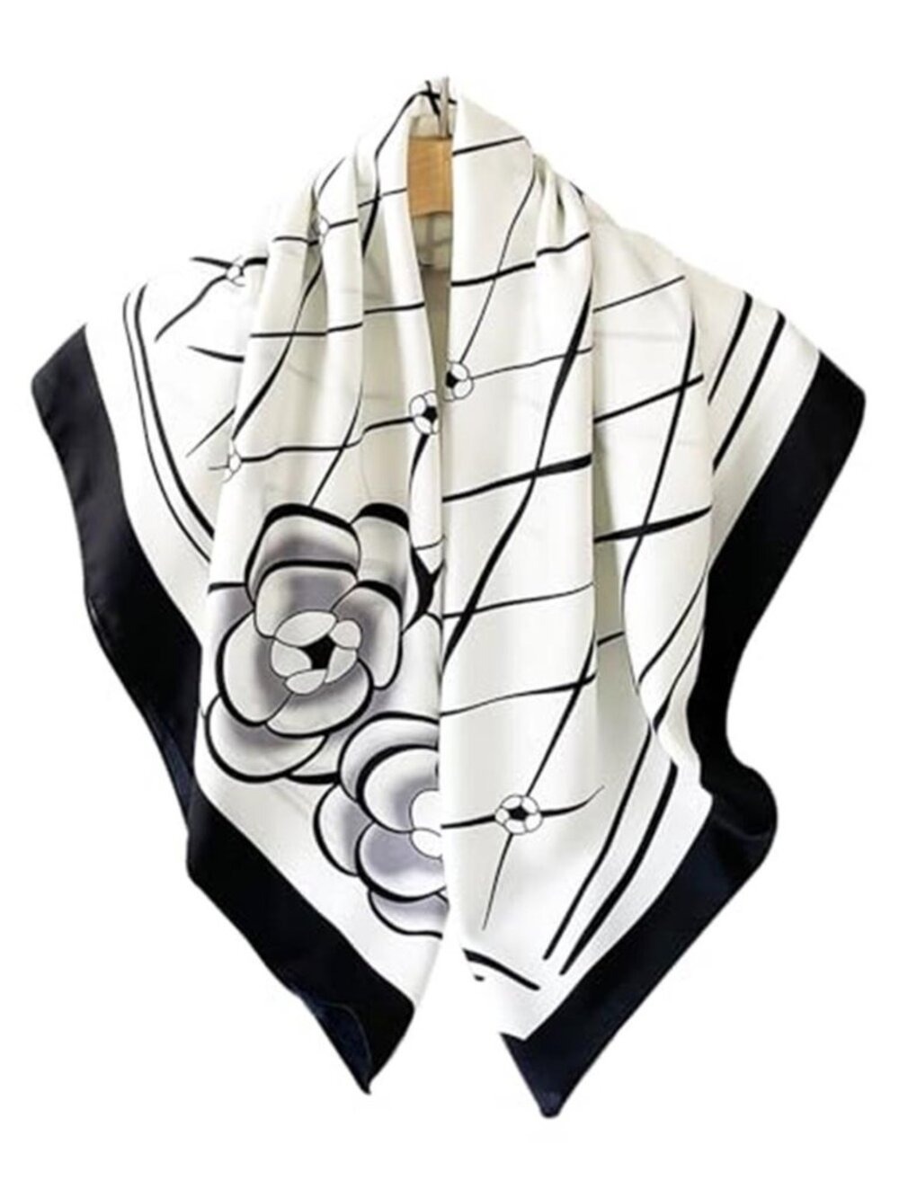 Head Scarf Black and White Flowers Hair Bandana 35" Large Square Satin